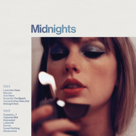 Taylor Swift’s 10th studio album, “Midnights” “Moonstone Blue” vinyl cover.
