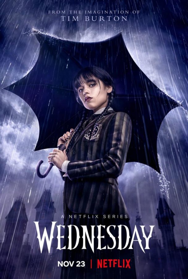 Show cover of Wednesday (Jenna Ortega) holding an umbrella in front of her new school. Provided by Netflix.