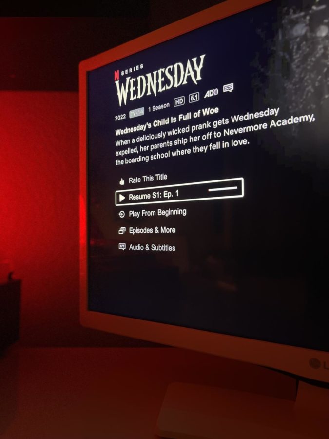 The new show "Wednesday" shown in a DHS student's home, on February 16, 2023. 