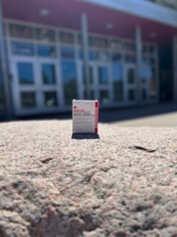 Morgan Kraksa’s narcan, which she and other teachers are now allowed to keep in their classrooms, placed in front of the DHS main entrance on April 17, 2023. Narcan can help treat possibly fatal opioid overdoses, like one that occurred last year to a high schooler in the Durango community.