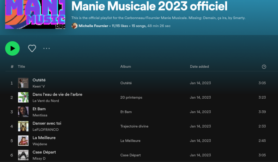 The+Manie+Musicale+2023+Spotfy+playlist+on+a+DHS+students+phone.+