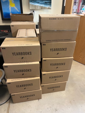 Brand new yearbooks in boxes in Ms. Kraskas office.
