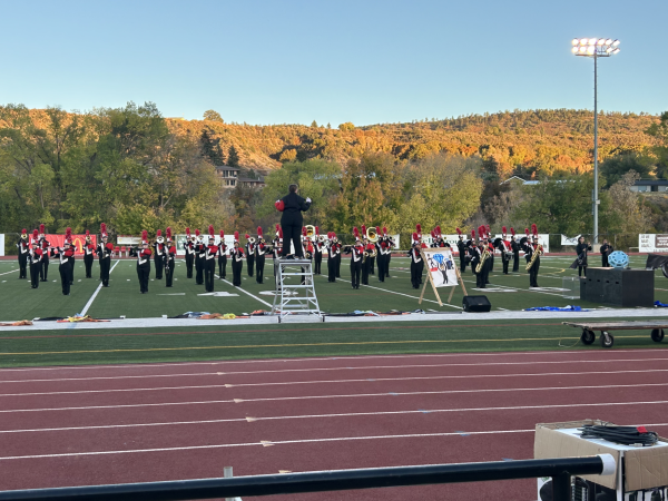 The school’s marching band performs their showcase “Heist” on the football field on October 14, 2023.