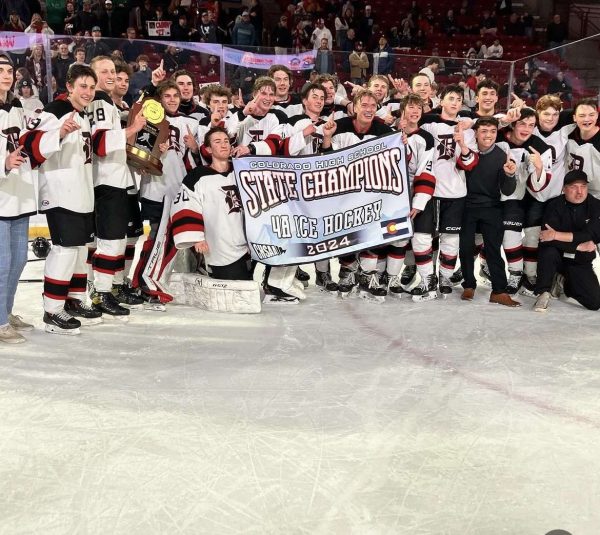 Durango Demons Hockey celebrating championship win in Denver at Magness Arena on Tuesday March 5, 2024. This triumphant win provoked a lot of emotions among this team as it was the first championship ever won by DHS hockey. 