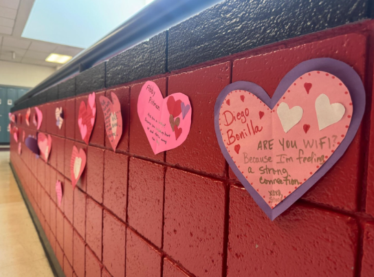 Valentines notes displayed on the walls in hallways all over DHS celebrating the holiday and students.