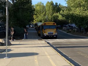 School buses drop students off in front of Durango High School on September 8, 2025