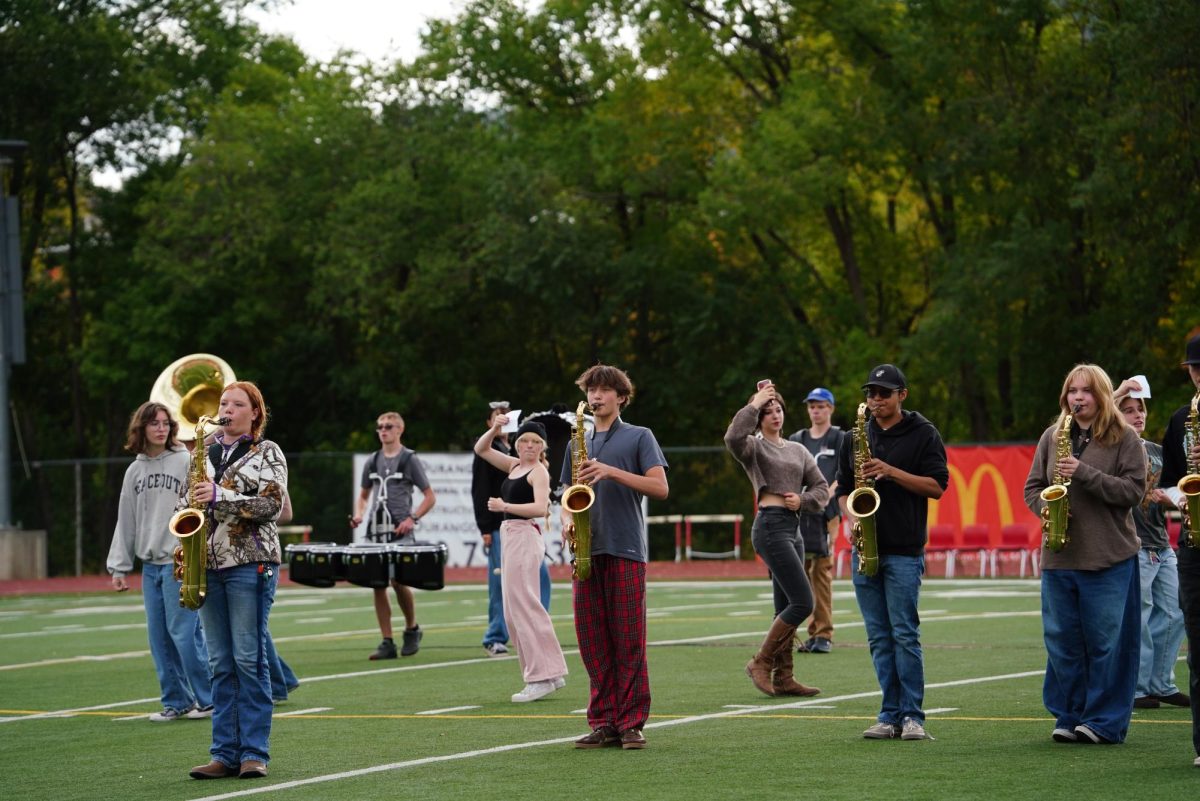The DHS Marching Band practices on the morning of September 29, 2025, in the DHS Stadium