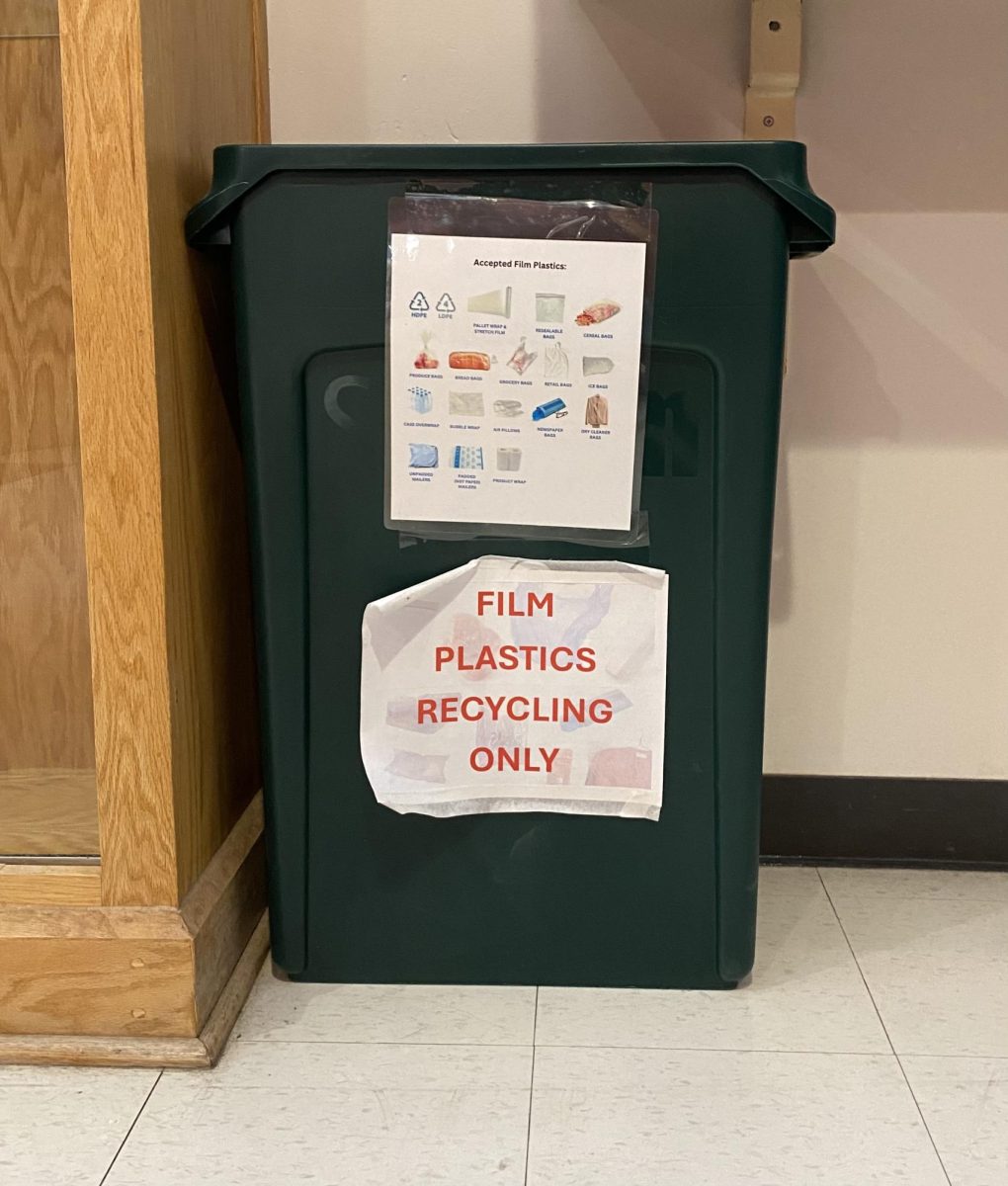 The green bins located in Durango School District schools that are the collection points for film plastics. 